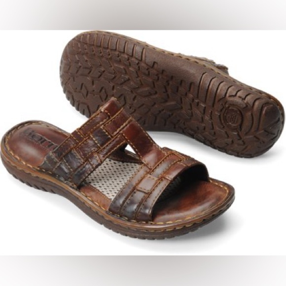 Born Womens Teedra Leather Slide Comfort Sandal Size 8 in Whiskey Brown Like New